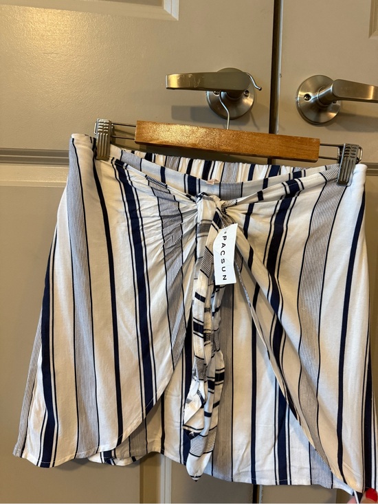 PacSun Dresses & Skirts - PacSun White and Navy Vertical Stripe Mini Skirt with Front Tie